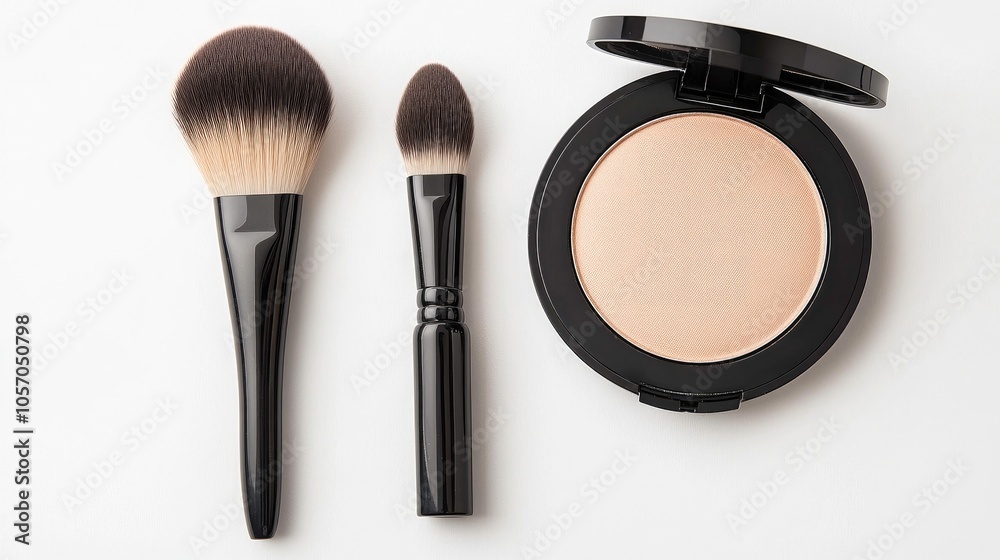Artistic flat lay of a dark brown contour makeup brush and open compact on a white background, showcasing beauty tools for flawless application Artistic flat lay of a dark brown contour makeup brush and open compact on a white background, showcasing beauty tools for flawless application