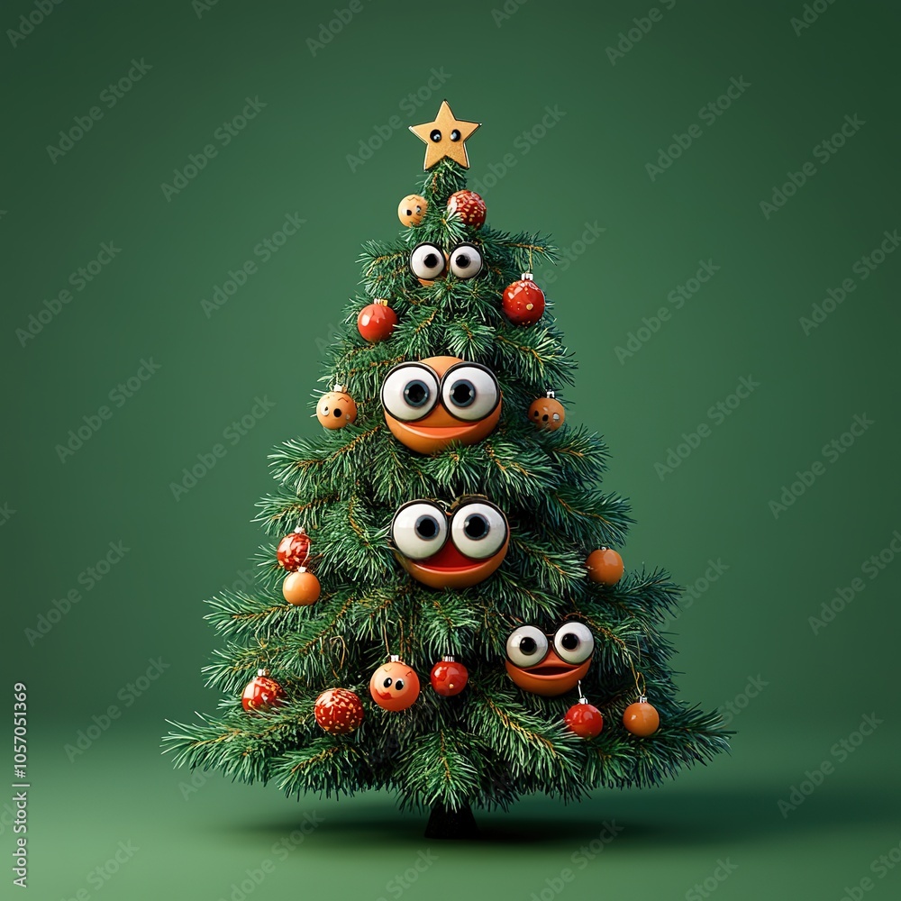 Christmas tree with funny toys with eyes and mouth on a green background
Christmas tree with funny toys with eyes and mouth on a green background