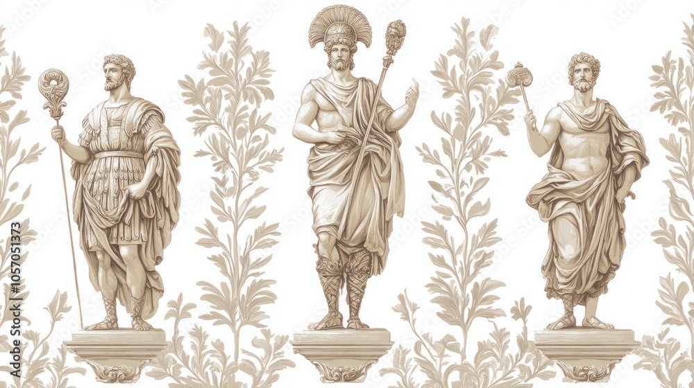 Vintage fresco-style wallpaper with Roman gods and laurel patterns, capturing historical charm, isolated on white