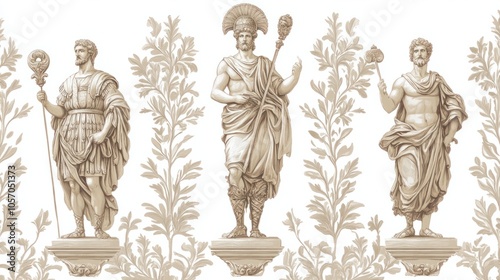 Obraz na płótnie Vintage fresco-style wallpaper with Roman gods and laurel patterns, capturing historical charm, isolated on white w salonie
