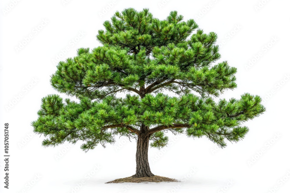 Fototapeta premium A vibrant green pine tree with a sturdy trunk, isolated on a white background.