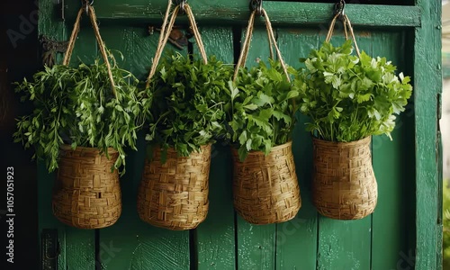 Fresh herbs hanging in woven baskets against a rustic green background