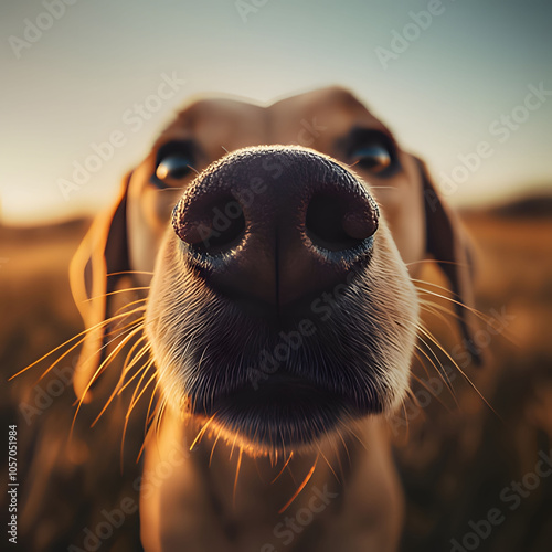 a dog ' s nose is sticking out of the grass. Generative AI photo