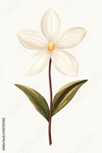 A delicate white flower with soft petals and green leaves, elegantly presented on a slender stem, embodying natural beauty.