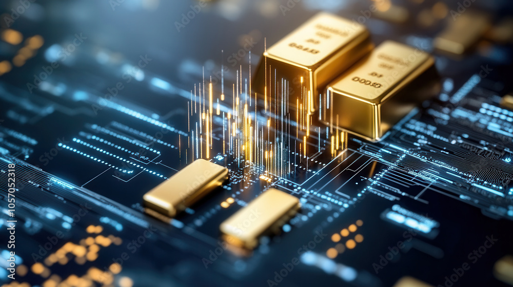 Digital representation of finance with gold bars and data visualization, symbolizing wealth and investment trends in cryptocurrency Digital representation of finance with gold bars and data visualization, symbolizing wealth and investment trends in cryptocurrency