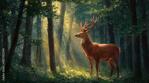 A majestic deer stands in a sunlit forest, surrounded by tall trees and soft greenery, capturing a serene moment in nature.