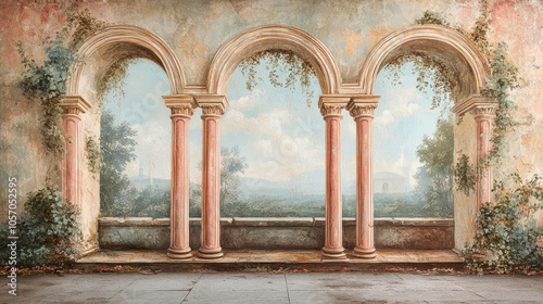 Vintage mural with Roman arches and fresco-style painting, capturing classical beauty, isolated on white