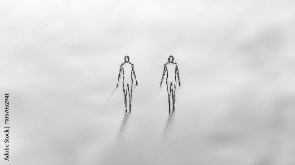 A simple black ink drawing shows one figure flying above while the other stands still on the ground. Their shadows intertwine, creating a unique visual connection between them A simple black ink drawing shows one figure flying above while the other stands still on the ground. Their shadows intertwine, creating a unique visual connection between them