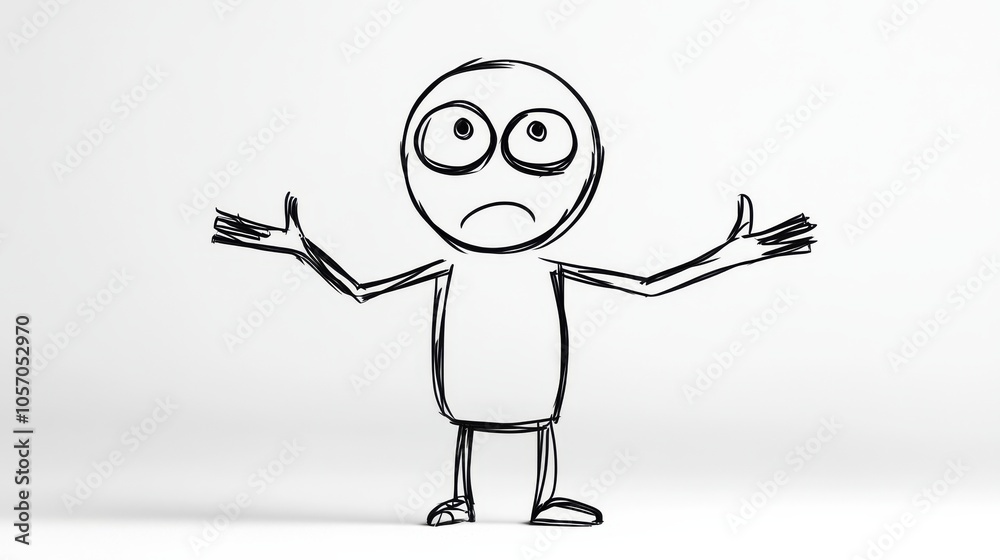 The drawing features a stick figure with large eyes shrugging its shoulders, symbolizing confusion or uncertainty in a minimal design. The background is plain and unobtrusive The drawing features a stick figure with large eyes shrugging its shoulders, symbolizing confusion or uncertainty in a minimal design. The background is plain and unobtrusive