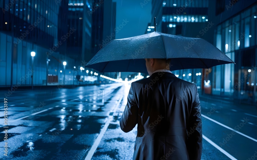 Obraz premium Man with umbrella walking on empty city street at night. Rainy urban scene