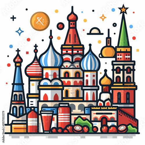 Saint Basil Cathedral and Red Square in Moscow, Russia. Vector illustration
