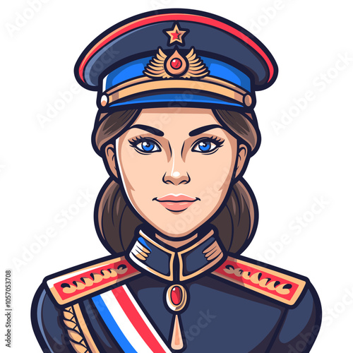 Portrait of beautiful woman in uniform of the Russian army. Vector illustration.