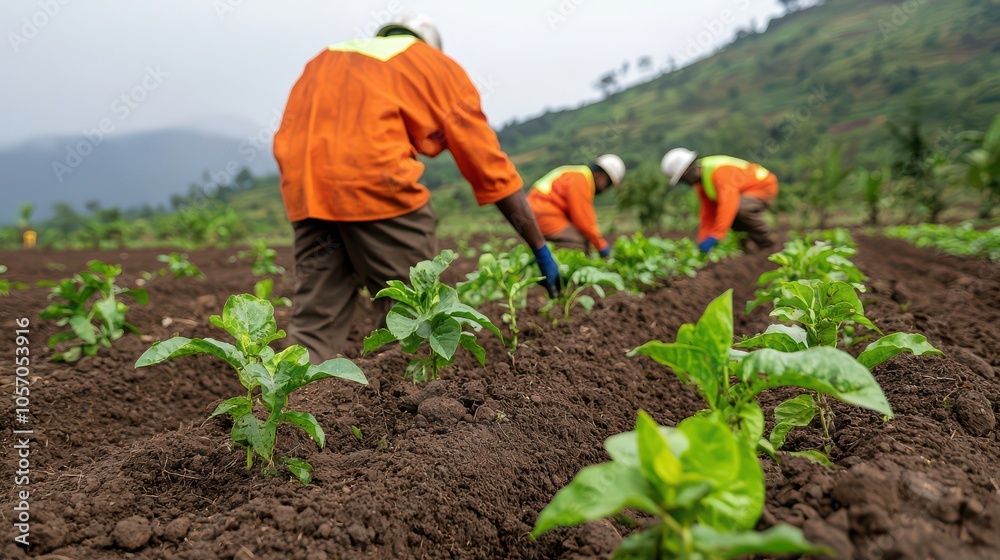 Fototapeta premium Workers in orange uniforms are planting seedlings in a fertile field, showcasing agricultural efforts in a lush mountainous area.