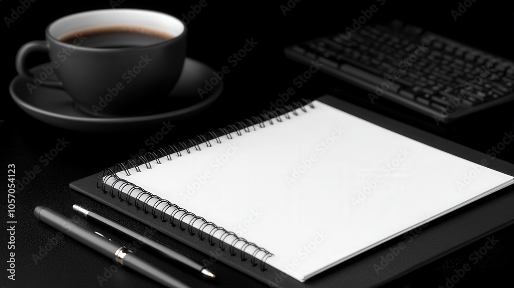 Blank Notebook Mockup with Coffee and Keyboard for Branding and Design Blank Notebook Mockup with Coffee and Keyboard for Branding and Design