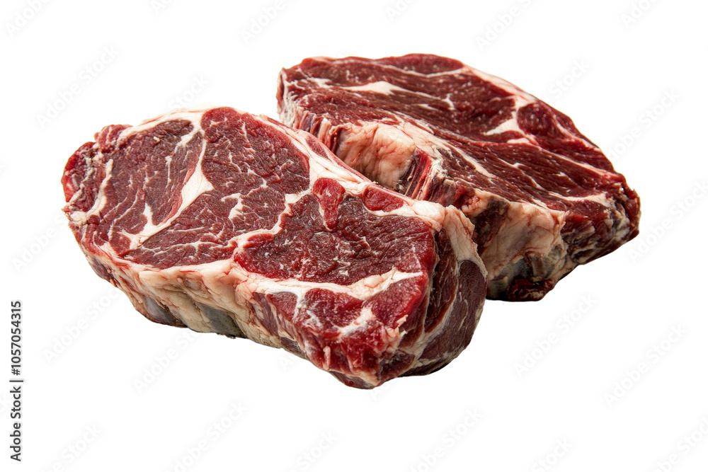 Two fresh, marbled beef steaks isolated on a white background. Two fresh, marbled beef steaks isolated on a white background.