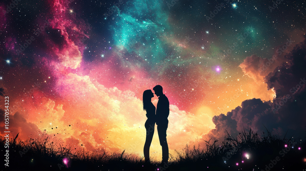 Romantic silhouette of a couple under a star-filled sky, with cosmic clouds blending into their profiles Romantic silhouette of a couple under a star-filled sky, with cosmic clouds blending into their profiles