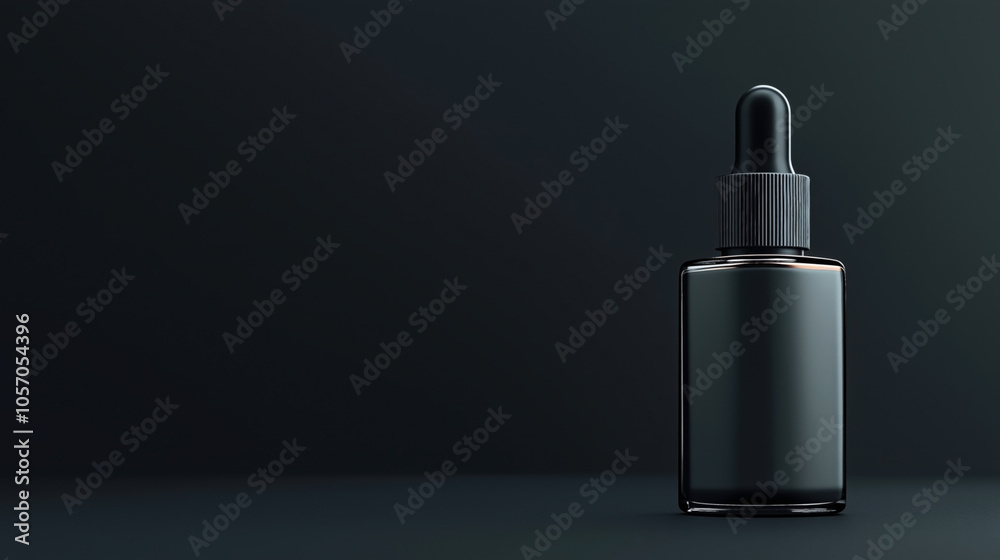 Dark glass dropper bottle with a pipette on a minimalist dark background, featuring a reflective surface. Dark glass dropper bottle with a pipette on a minimalist dark background, featuring a reflective surface.