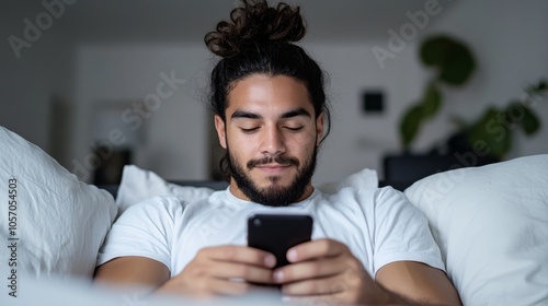 A young Hispanic man with a black bun is comfortably lying on his bed, absorbed in his mobile phone as the evening light creates a cozy atmosphere