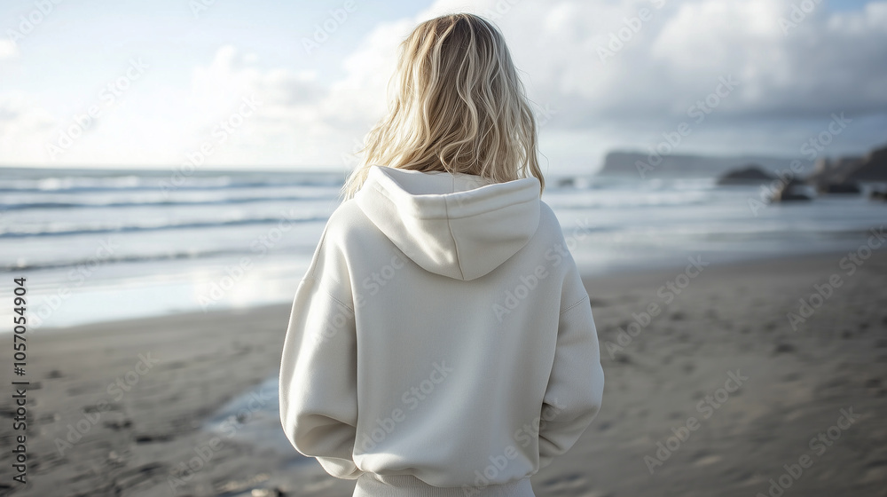 Z tylnego widoku widoczna jest blondynka w białej bluzie spacerująca po plaży.
Z tylnego widoku widoczna jest blondynka w białej bluzie spacerująca po plaży.