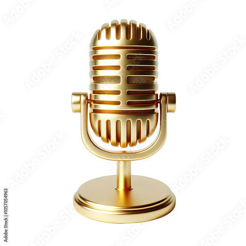 Golden vintage microphone on stand isolated on white background. Retro audio cut out equipment. Realistic 3D render.
