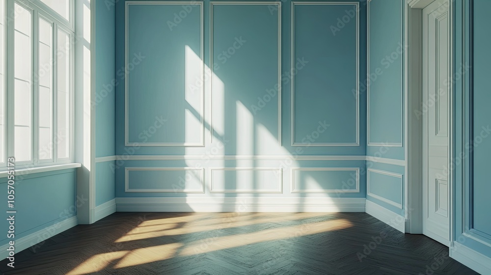 Obraz premium Empty room corner with sunlight. Vector realistic illustration of house interior perspective with blue painted wall