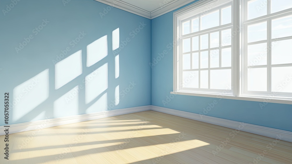 Fototapeta premium Empty room corner with sunlight. Vector realistic illustration of house interior perspective with blue painted wall