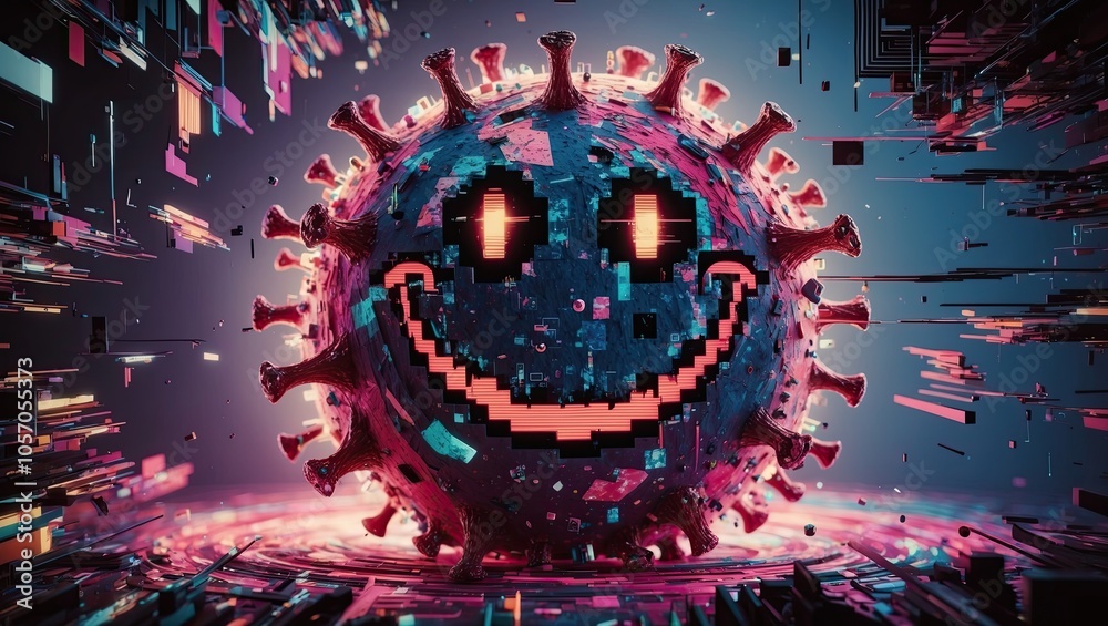 Fototapeta premium A glitchy, amorphous, and distorted smiling virus background