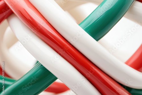 Colorful twisted ribbons in green, white, and red, creating an abstract texture, isolated on white background.