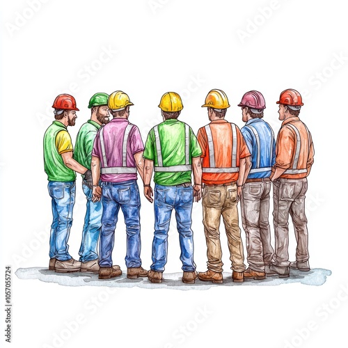 Construction workers in various colored helmets discussing plans on site, teamwork, and collaboration.