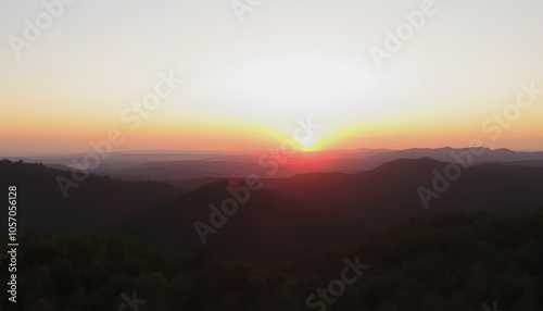 Aerial drone footage capturing a beautiful sunset over expansive forested hills isolated with white shades, png