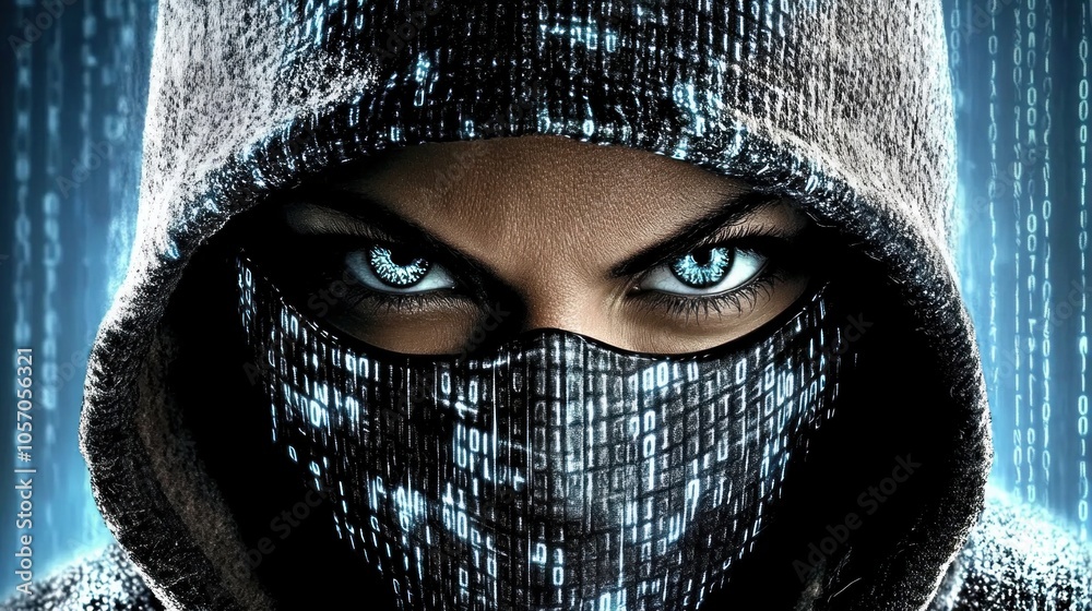 A hooded figure stares intensely with bright blue eyes, partially obscured by a mask. The background features a cascade of binary code, suggesting a high-tech or cyber theme A hooded figure stares intensely with bright blue eyes, partially obscured by a mask. The background features a cascade of binary code, suggesting a high-tech or cyber theme