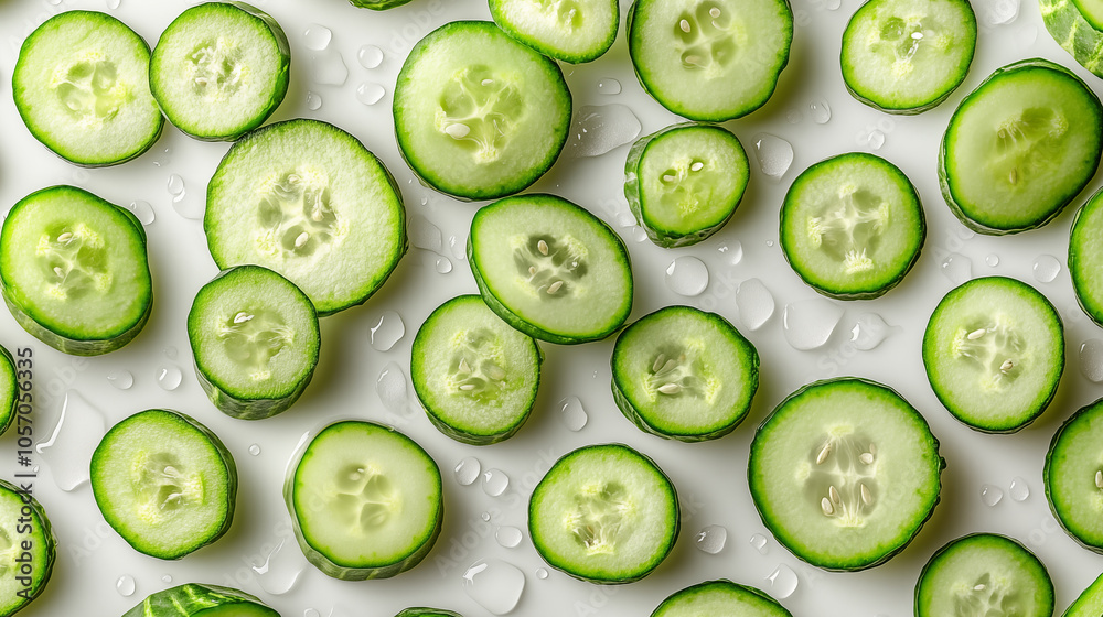 Cucumber slices with water drops on white background, top view Cucumber slices with water drops on white background, top view