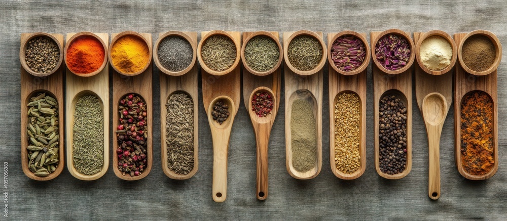 Assortment of spices in wooden bowls and spoons on a textured background. Assortment of spices in wooden bowls and spoons on a textured background.