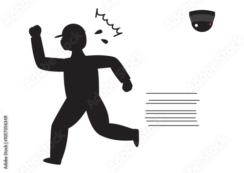 防犯カメラに気づいて、ビクッとし、焦って、逃げ出す男性のシルエットイラスト、
