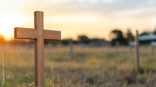 A wooden cross stands tall in a peaceful field as the sun sets, casting warm light over the surrounding area, evoking feelings of remembrance and tranquility