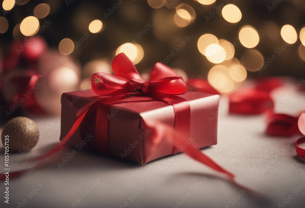 A gift with a red ribbon rests on a table amidst festive holiday decor A gift with a red ribbon rests on a table amidst festive holiday decor