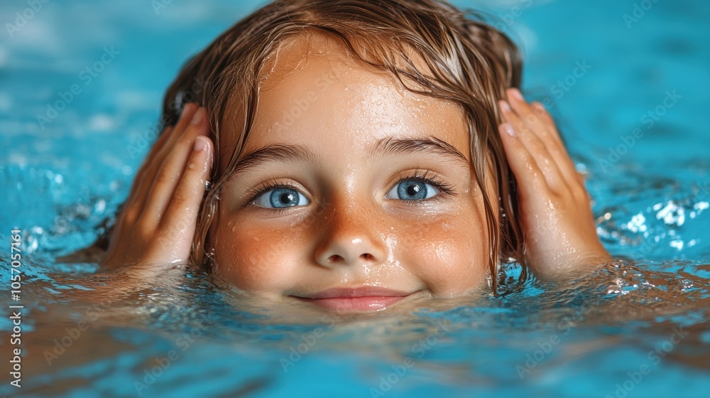 A young girl with sparkling blue eyes swims happily in a clear blue pool. She smiles broadly, her hands gently holding her wet hair back, enjoying a warm summer day A young girl with sparkling blue eyes swims happily in a clear blue pool. She smiles broadly, her hands gently holding her wet hair back, enjoying a warm summer day