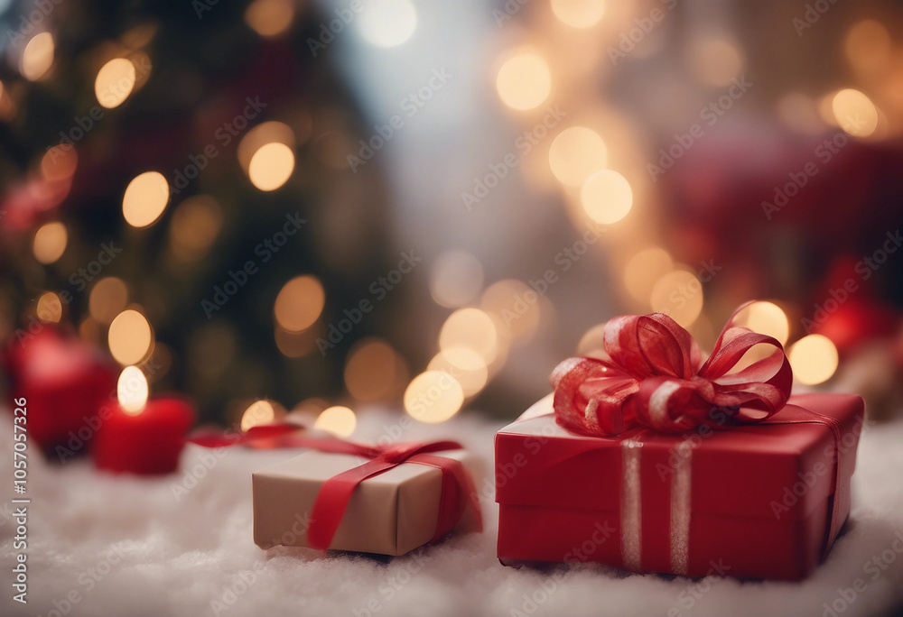 A gift with a red ribbon rests on a table amidst festive holiday decor A gift with a red ribbon rests on a table amidst festive holiday decor