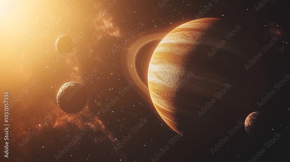 A stunning view of Saturn, its rings, and several moons illuminated by ...