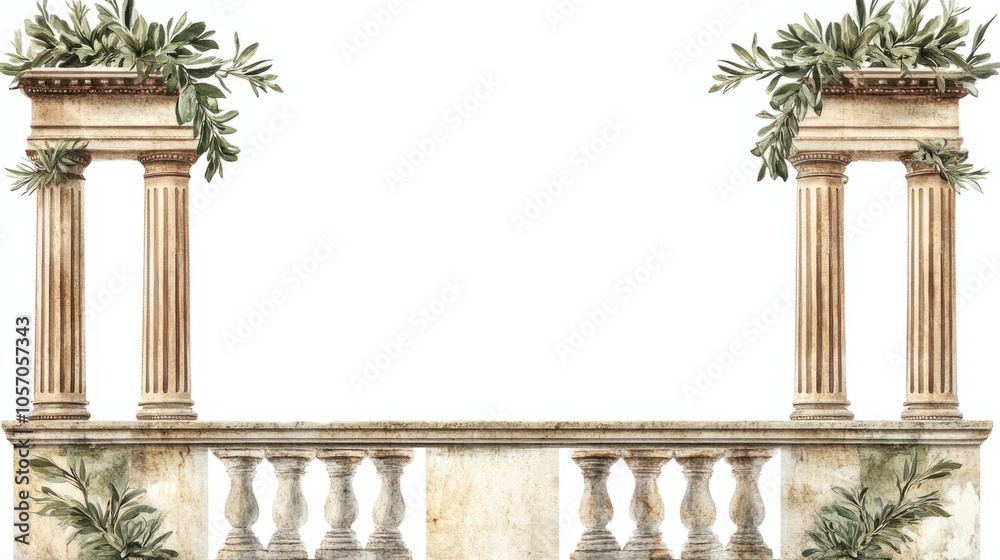 Naklejka premium Vintage Roman scene with laurel wreaths, olive branches, and faded fresco designs, isolated on white