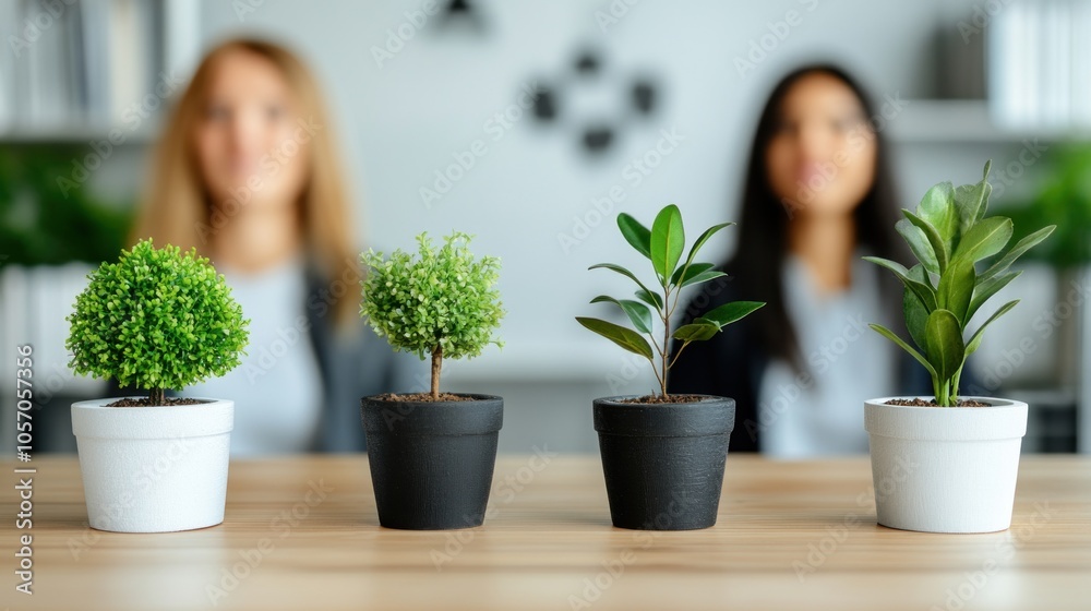 Two women sit in a contemporary room, slightly blurred in the background, focusing on three varied potted plants on a wooden table, highlighting nature indoors Two women sit in a contemporary room, slightly blurred in the background, focusing on three varied potted plants on a wooden table, highlighting nature indoors