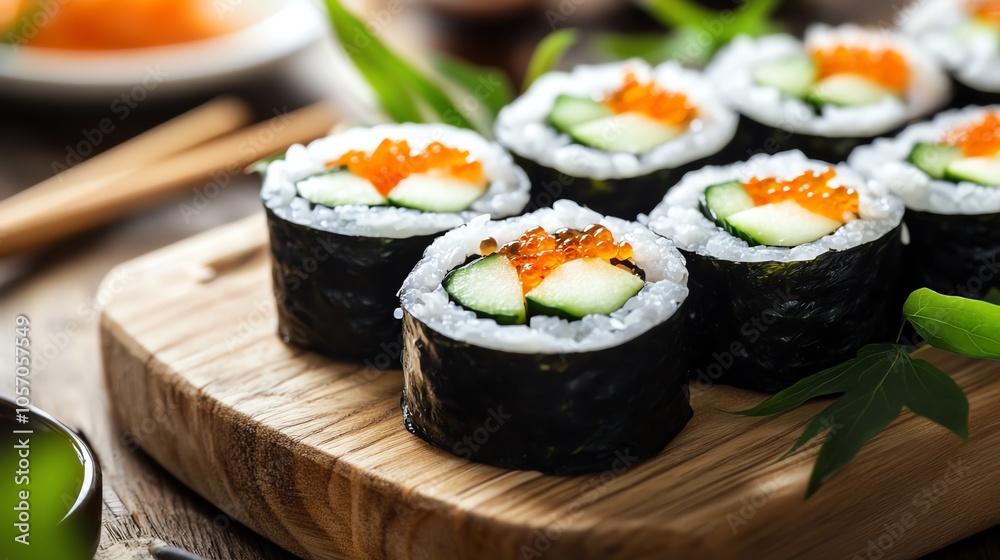 Sushi rolls on wooden board, fresh ingredients Sushi rolls on wooden board, fresh ingredients