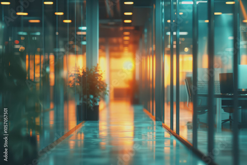 The office space of a glass wall business center with shiny space and a blurred abstract background.