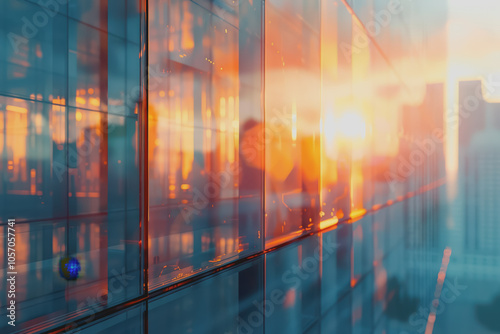 The office space of a glass wall business center with shiny space and a blurred abstract background.