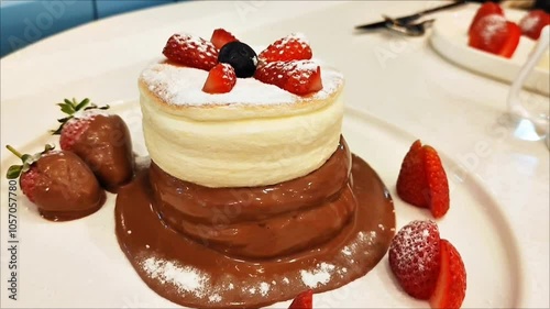 Delicious sweet Japanese dessert, round egg fluffy airy pancakes with chocolate sauce and strawberries, on a white plate