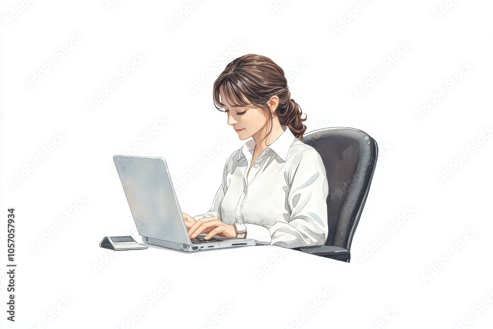 Focused woman working on laptop at her desk, professional environment, white isolated background. Focused woman working on laptop at her desk, professional environment, white isolated background.