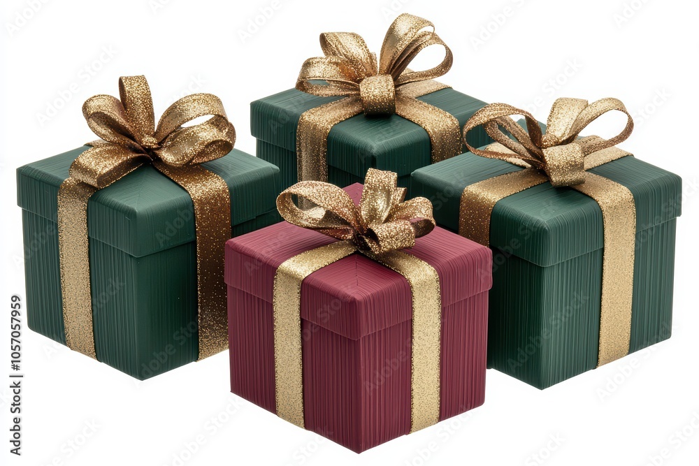 Obraz premium Four beautifully wrapped gift boxes with gold ribbons on a white isolated background.
