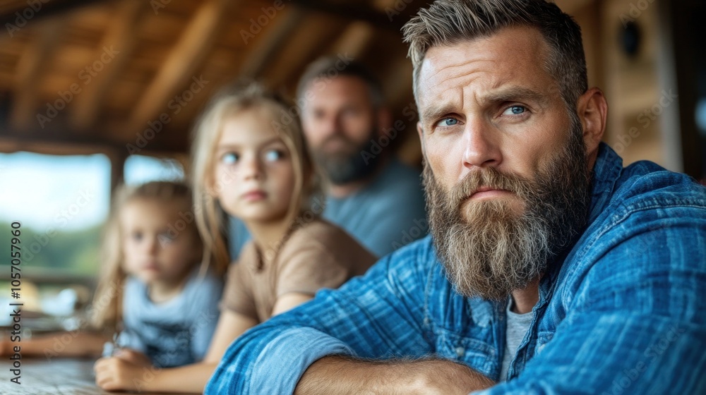 Fototapeta premium A group of family members sits together inside a rustic cabin, with one man deep in thought while two children and another man gaze thoughtfully outside, enjoying their time together