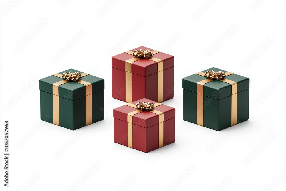 Fototapeta premium Four colorful gift boxes with bows, perfect for holiday celebrations, on white isolated background.