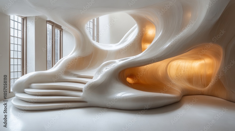 Unique architectural interior with flowing, organic forms, featuring a sculpted staircase and warm, illuminated alcoves, creating a surreal, futuristic atmosphere.
Unique architectural interior with flowing, organic forms, featuring a sculpted staircase and warm, illuminated alcoves, creating a surreal, futuristic atmosphere.